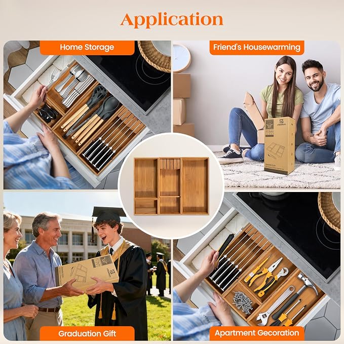 Piklohas Carbonized Bamboo Kitchen Silverwar Drawer Organizer,14.2 inch Length Natural Utensil Flatware Organizers Tray Storage for Spoons Forks & Knives