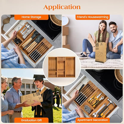 Piklohas Carbonized Bamboo Kitchen Silverwar Drawer Organizer,14.2 inch Length Natural Utensil Flatware Organizers Tray Storage for Spoons Forks & Knives