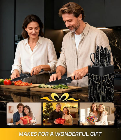 Knife Set, 8 Pieces Kitchen Knife Block Sets, High Carbon German Stainless Steel, Dishwasher Safe Cutlery with Sharpener, Black