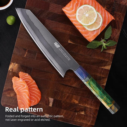 FINDKING 8 Inch Kiritsuke Chef Knife, Japanese-Style Kitchen Knife with 7-Layer 440C Clad Steel Blade, Colorful Stabilized Wood Octagonal Handle, Versatile for Slicing, Chopping, Dicing and Meal Prep