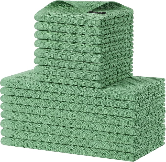 Homaxy 100% Cotton Kitchen Towels and Dishcloths Set, 12 x 12 & 15 x 25 Inches, Set of 16 Bulk Terry Cloth Dish Towels, Super Soft and Absorbent Hand Towel with Hanging Loop, Grass Green