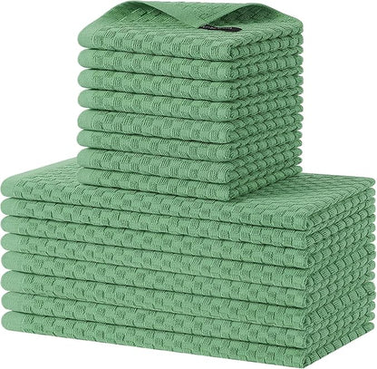 Homaxy 100% Cotton Kitchen Towels and Dishcloths Set, 12 x 12 & 15 x 25 Inches, Set of 16 Bulk Terry Cloth Dish Towels, Super Soft and Absorbent Hand Towel with Hanging Loop, Grass Green