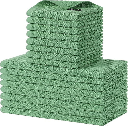 Homaxy 100% Cotton Kitchen Towels and Dishcloths Set, 12 x 12 & 15 x 25 Inches, Set of 16 Bulk Terry Cloth Dish Towels, Super Soft and Absorbent Hand Towel with Hanging Loop, Grass Green