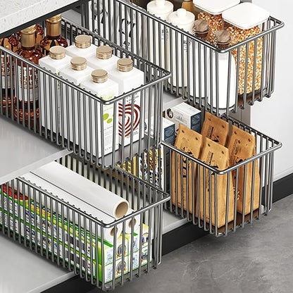 Pull Out Cabinet Organizer 2 Pack, Black Metal Storage Basket for Kitchen Cabinet, Bathroom, Under Sink, Self Adhesive Slide Out Pantry Shelves Drawer Storage, 15.8" LX 5.9" WX5.9 H