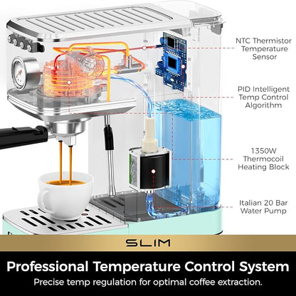 CHULUX Slim Espresso Machine with Milk Frother, 20 Bar Professional Italian Pump Espresso Coffee Machine for Home Cappuccino & Latte Maker, Stainless Steel, Pastel Green