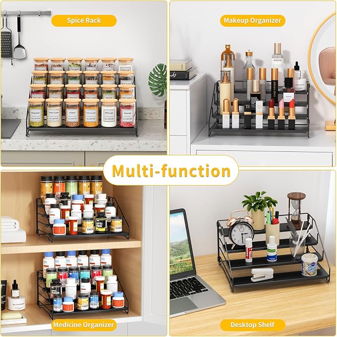 RCHYFEED Spice Rack Organizer for Cabinet Pantry,4 Tier Spice Rack Countertop, Depth Adjustable Spice Organization for Cabinet,Tierd Seasoning Organizer for Cabinet(Black, 1Pack) | for Cabinet Pantry