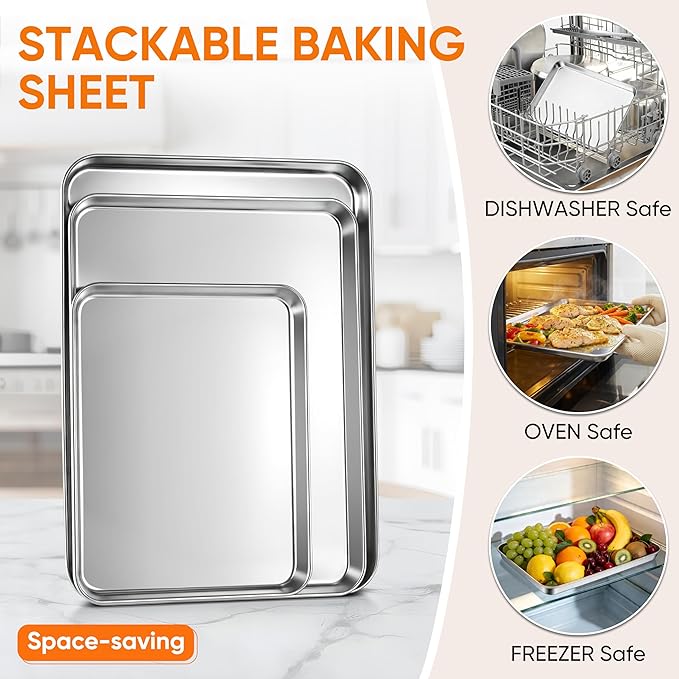 LIANYU Baking Sheet Pans Set of 3, Stainless Steel Cookie Sheets for Baking, 17.5/16/12.4 Inch, Half/Quarter/Jelly Roll Pans for Oven, Mirror Finish Metal Tray, Heavy Duty & Rust Resistant
