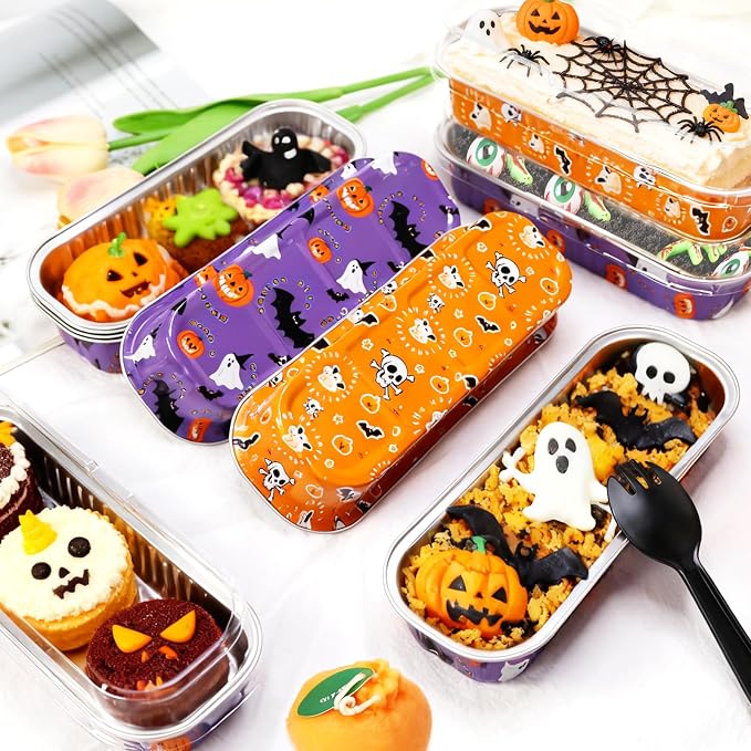 100Pack Halloween Mini Cake Pans Disposable Mini Loaf Pans with Lids and Spoons, 6.8Oz Aluminum Foil Pans Tins, Individual Dessert Cups Containers for Sales,Party,Picnics