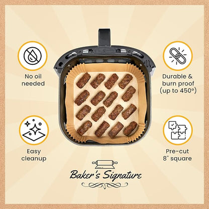 250 pcs Air Fryer Liners, Disposable Airfryer Paper Liners – Non-Stick and Oil Proof for Easy Cleanup, Great for Oven, Pans & Baking – 8” Square for 5-8 qt Basket by Baker's Signature