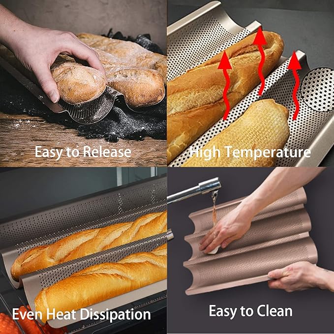 Baguette Pans for Baking 15" x 11", Carbon Steel 3 Loaf Nonstick Baguette Baking Tray for French & Italian Perforated French Bread Pan (2pack - Gold)