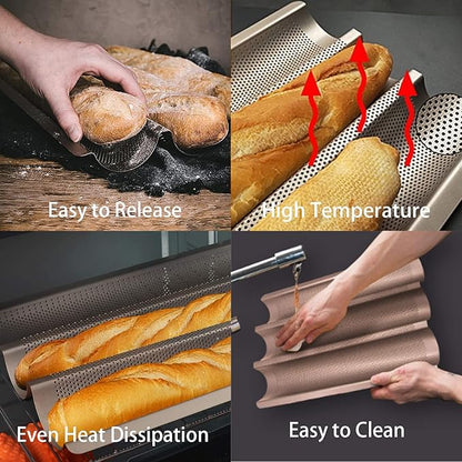 Baguette Pans for Baking 15" x 11", Carbon Steel 3 Loaf Nonstick Baguette Baking Tray for French & Italian Perforated French Bread Pan (2pack - Gold)