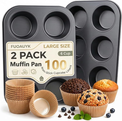 Jumbo Muffin Pan 2 Pack, Extra Large Muffin Tin 6 Cup Includes 100 Jumbo Cupcake Liners, Nonstick Carbon Steel Giant Cupcake Pans for Baking, Breakfast & Party Cupcake Tin