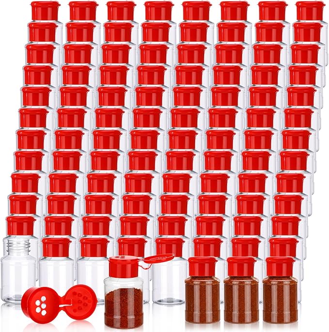 Amyhill 100 Pcs Plastic Spice Bottles Spice Jars with Red Cap Seasoning Jars Shaker 2 Oz/ 60ml Clear Bottle Containers with Shaker Lids for Storing for Spices, Herbs, Powders, Glitters Supplies