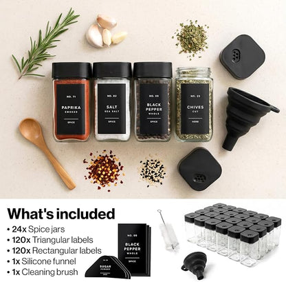 EDELHAUS Square Glass Spice Jars with Label and Black Rotating Lids (24 x 4oz) Spice Containers with 240 Labels, Shaker Inserts, Silicone Funnel, Empty Square Empty Square Seasoning Organizer