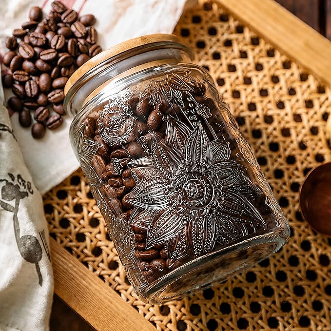 Custde 23.7 fl oz Vintage Glass Jar with Bamboo Lid - Airtight Decorative Food Storage Canisters for Kitchen Counter, Ideal for Candy, Sugar, Coffee, Tea, Cute jar(Sunflower*1)