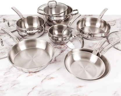 BergHOFF Belly Shape 18/10 Stainless Steel 12Pc Cookware Set, Glass Lids, Fast, Evenly Heat, Induction Cooktop Ready