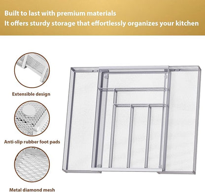 Sedegn Silverware Organizer Metal Mesh, Large Drawer Organizer, Utensil Cutlery Tray for kitchen drawers, Expandable Flatware Organizer with 8 Compartment Silver 11.6"~20" x 17.3"