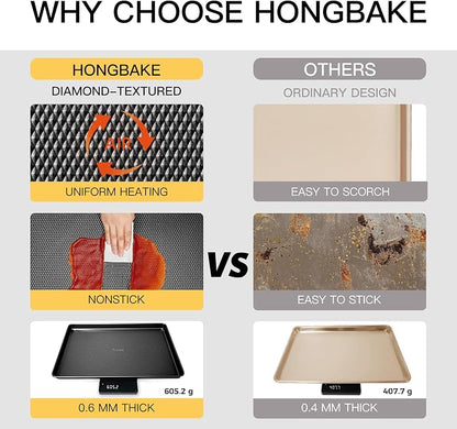 HONGBAKE 2 Pack Jelly Roll Pan Set 15x10, Cookie Sheets for Baking with Diamond Texture, Baking Sheets Non Stick, Non Toxic Oven Trays for Cooking, Heavy Duty 57% Thicker Carbon Steel, Dark Gray