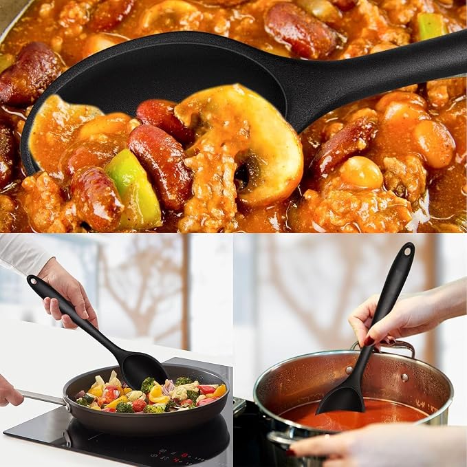 Silicone Cooking Spoon, Nonstick Kitchen Spoons Set for Cooking,Slotted and Solid Serving Spoon Heat Resistant, Silicone Mixing Basting Stirring Spoons for Nonstick Cookware 4 Pack (Black)