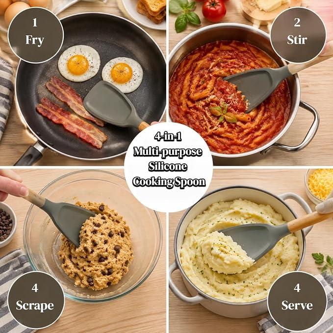 Silicone Cooking Spoon & Spoonula Spatula for Nonstick Cookware, Heat Resistant 600°F Kitchen Utensil, BPA-Free Food-Grade, Solid Wood Handle, Serving Scraping Scooping Stirring （Grey）