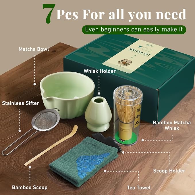 Renmxj Matcha Whisk Set,7 PCS Ceramic Matcha Kit Includes Matcha Bowl with Spout, Matcha Whisk and Holder, Bamboo Scoop, Stainless Sifter, Tea Towel, Unique Gift for Matcha Lovers (Green)