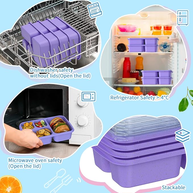 Bento Box 4-Pack 5-Compartment Meal Prep Containers, BPA-Free Plastic, Stackable Food Storage Lunch Boxes for Adults and Kids, School Work Travel (Purple)