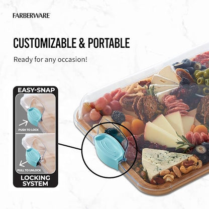 Farberware Build-A-Board Bamboo Cutting Board with Built-in Compartments and Clear Locking Lid with Blue Handles, Perfect for Charcuterie, Snacks, and More
