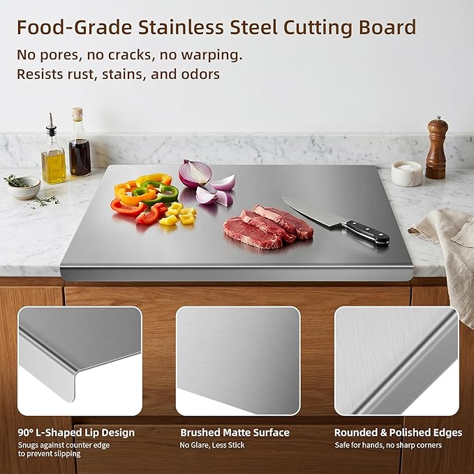 2-Piece Stainless Steel Cutting Board with Lip, 16" x 12" Kitchen Chopping Boards for Countertop, Double-Sided Food-Grade Metal Cutting Board, L-Shaped Edge Chopping Mats for Kitchen Prep & Baking
