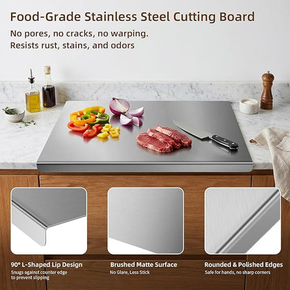 2-Piece Stainless Steel Cutting Board with Lip, 16" x 12" Kitchen Chopping Boards for Countertop, Double-Sided Food-Grade Metal Cutting Board, L-Shaped Edge Chopping Mats for Kitchen Prep & Baking
