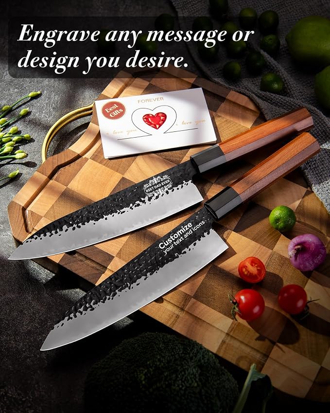 FAMCÜTE 8‘’ Engraved Custom Japanese Knife, Hand-Forged Chef Knife with 5-Layer 9CR18MOV Steel and Non-Slip Rosewood Handle Kitchen Knife, Christmas Gift for People Who Love to Cook in Sandalwood Box