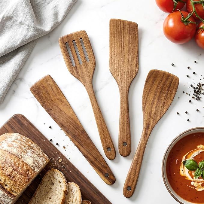 Best Non Toxic Wooden Spatula for Cooking Utensil Set Acacia Wood Spatula Set of 4, Bamboo Cooking Spoon Flat Slotted Turner Spatulas for Kitchen Use Cast Iron Scraper Spurtle Thin Egg Flipper Spatula