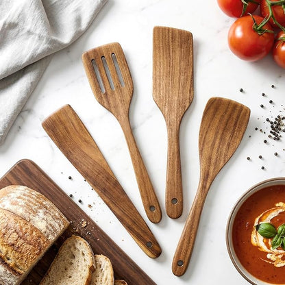 Best Non Toxic Wooden Spatula for Cooking Utensil Set Acacia Wood Spatula Set of 4, Bamboo Cooking Spoon Flat Slotted Turner Spatulas for Kitchen Use Cast Iron Scraper Spurtle Thin Egg Flipper Spatula