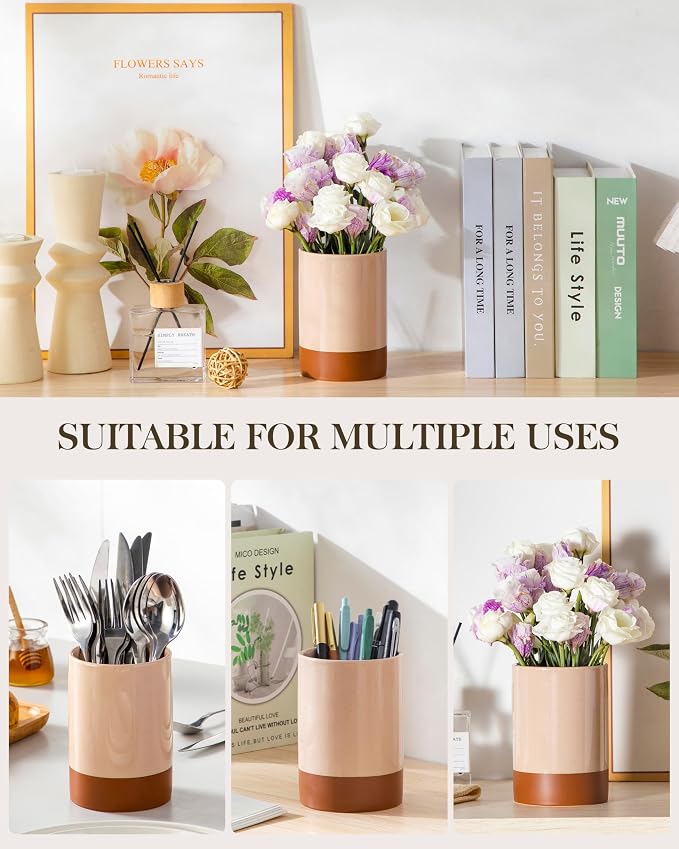 MALACASA Utensil Holder, 5.5" Ceramic Kitchen Utensil Holder for Countertop, Cooking Utensil Crock for Kitchen Counter, Farmhouse Utensil Organizer for Spatula & Spoon, Khaki Pink, Series TARA