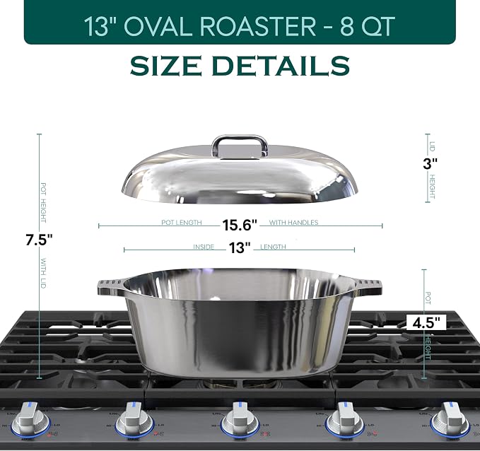 MAGNAWARE Cast Aluminum Oval Dutch Oven with Lid — 8 QT Heavy Duty Roaster Pan with Rack & Silicone Cover Dual Handles — Cajun Cookware for Roasting, Baking, Cooking (13" Medium)