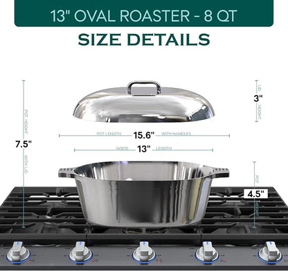 MAGNAWARE Cast Aluminum Oval Dutch Oven with Lid — 8 QT Heavy Duty Roaster Pan with Rack & Silicone Cover Dual Handles — Cajun Cookware for Roasting, Baking, Cooking (13" Medium)