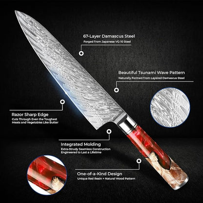 SENKEN 7-Piece Damascus Kitchen Knife Set - Tsunami Collection - 67-Layer Japanese VG10 Steel - Chef's Knife, Cleaver, Santoku, Bread, Boning, & More (Red Resin Blend)