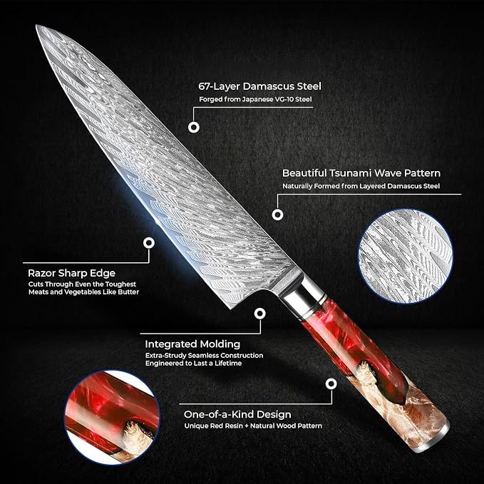 SENKEN Damascus Steel Chef's Knife - Tsunami Collection - 67-Layer Japanese VG10 Steel Core - Unique Blue Resin & Natural Wood Handle, Razor Sharp, Beautiful Damascus Wave Pattern (Red)