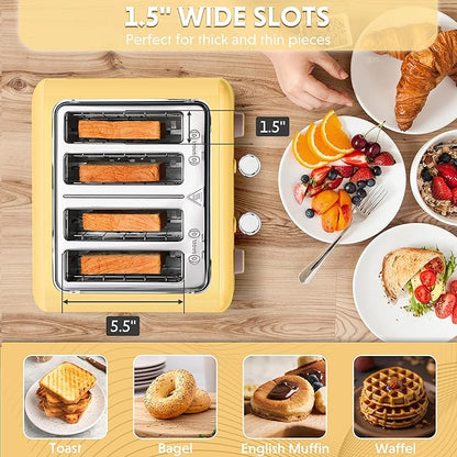 BUYDEEM DT640 4-Slice Toaster, 7 Shade Settings, Extra Wide 1.5’’ Slots for Bagel & English Muffin, 6 Toasting Functions, Retro Stainless Steel Toaster with High Lift Lever, 1800W, Yellow