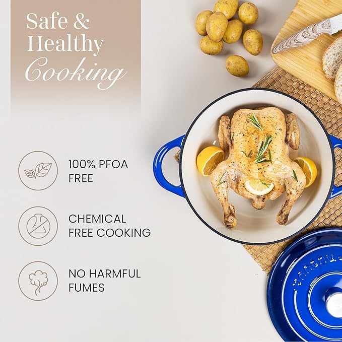 Cast Iron Pot with Lid-Non-Stick Ovenproof Enamelled Casserole Pot, Oven Safe up to 500° F-Sturdy Dutch Oven Cookware - Dark Blue, 5-Quart, 24cm by- Nuovva