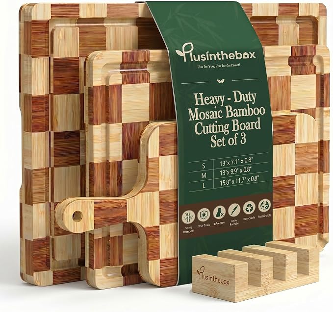 Cutting Board,Heavy Duty Cutting Board Set of 3 with Stand,End Grain Butcher Block Cutting Boards for Kitchen with Juice Grooves and Handles for Meat, Cheese, Charcuterie and Serving