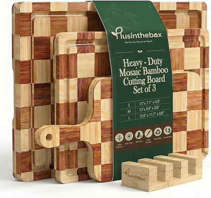 Cutting Board,Heavy Duty Cutting Board Set of 3 with Stand,End Grain Butcher Block Cutting Boards for Kitchen with Juice Grooves and Handles for Meat, Cheese, Charcuterie and Serving