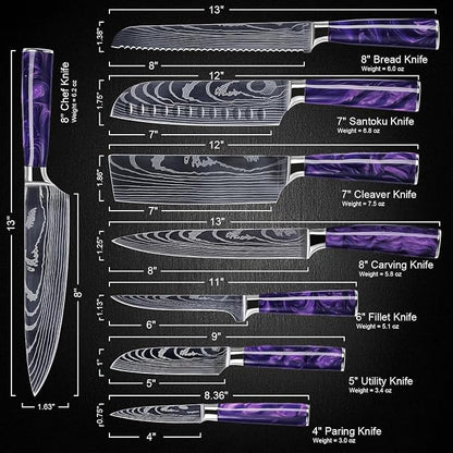 SENKEN 8-Piece Japanese Knife Set with Purple Resin Handle and Laser Damascus Pattern - Amethyst Collection - Chef's Knife, Cleaver, Santoku, Paring Knife, & More (Amethyst Purple)