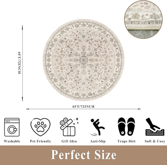 Round Kitchen Rugs 6ft Washable: Non-Slip Soft Low Pile Circle Area Rug for Under Table Living Room Dining Room Bedroom – Boho Floral Circular Floor Indoor Carpet (Beige,6x6)