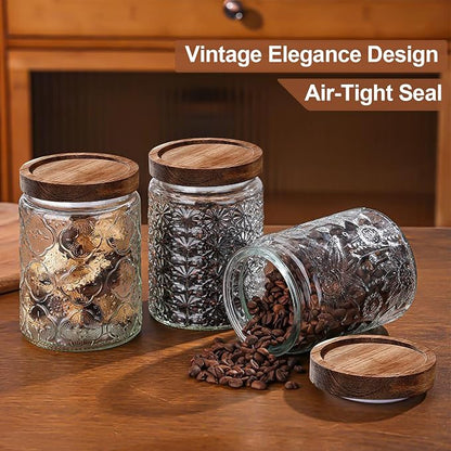 2-Pack 34 OZ Vintage Glass Jar with Lid, Airtight Food Storage Canisters with Bamboo for Kitchen Counter Pantry, Ideal for Coffee, Candy, Tea, Oats, Sugar, Cookies Decorative Jars