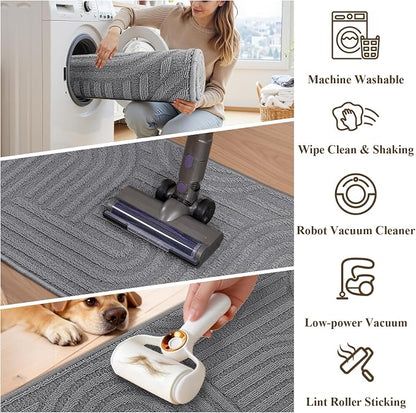 U'Artlines Kitchen Rugs and Mats Set of 3, Non Skid Washable Grey Geometric Kitchen Mats for Floor, Absorbent and Stain Resistant Floor Mat for Laundry, Sink Decor 20x32+20x48+20x59