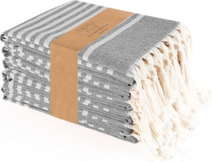 TWINY threads Set of 6 100% Cotton Turkish Kitchen Towels with Hanging Loop & Tassels (18" X 28") | Ultra Washcloth with Fringes | Reusable Hand Towels - Black