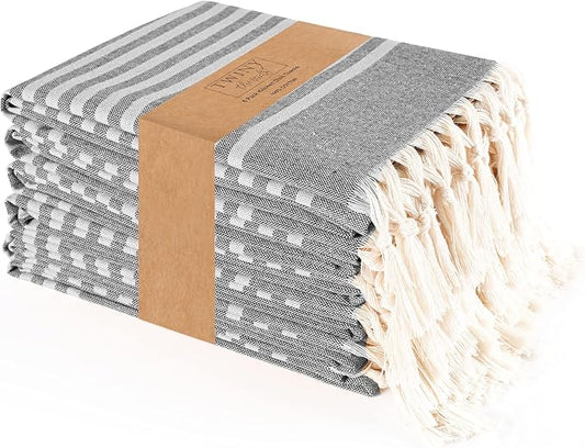 TWINY threads Set of 6 100% Cotton Turkish Kitchen Towels with Hanging Loop & Tassels (18" X 28") | Ultra Washcloth with Fringes | Reusable Hand Towels - Black