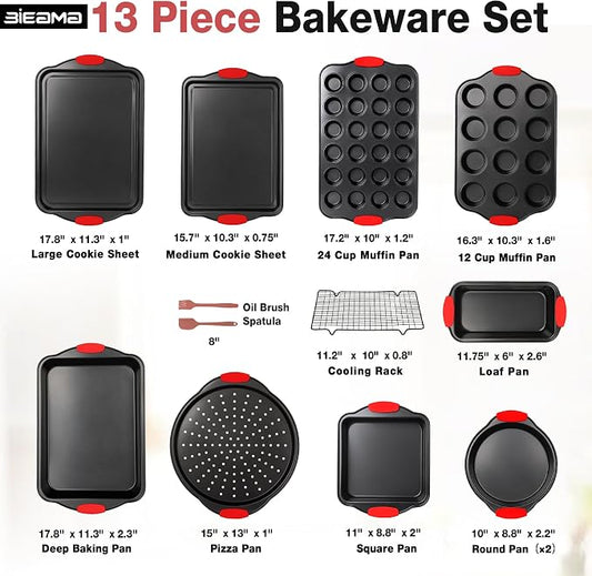 BIEAMA 13-Piece Baking Pans Sets, Nonstick Bakeware Sets, BPA-Free Carbon Steel Stackable, Cookie Sheet, Cake, Loaf, Pizza & Muffin Pan, Grey