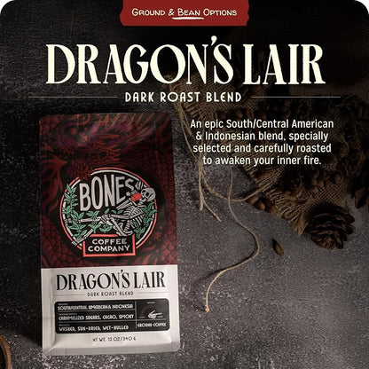 Bones Coffee Company Dragon's Lair - Dark Roast Coffee - Whole Bean - Low-Acid Arabica Coffee Beans - South/Central America and Indonesia Grown - Unflavored - 12 Oz