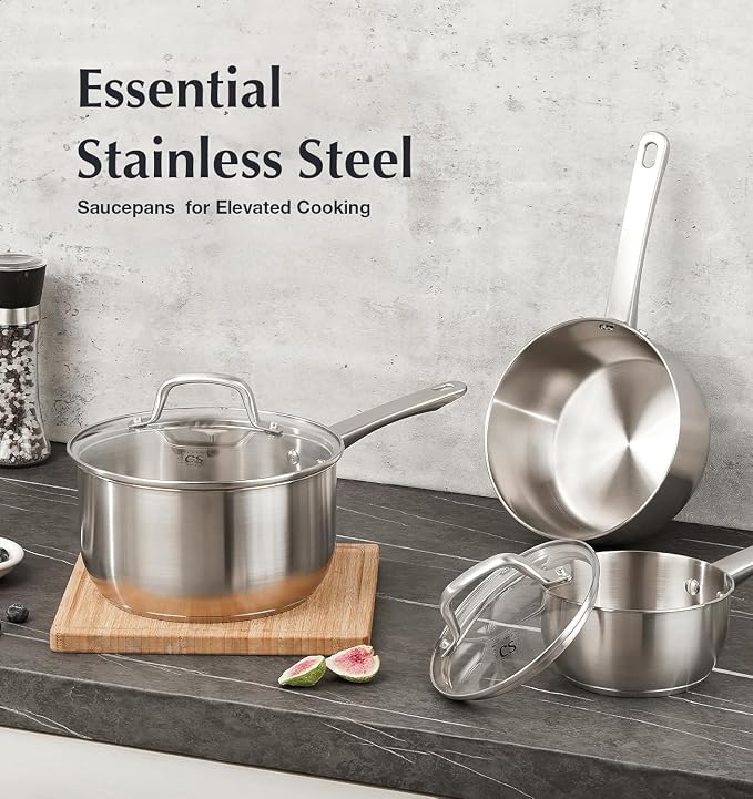 KOCH SYSTEME CS Stainless Steel Saucepan 1 Quart, 18/10 Stainless Steel Saucepan with Lid, Premium Steel Sauce Pan, Indutcion Sauce Pan with Lid, Small Cooking Pot, Oven Safe